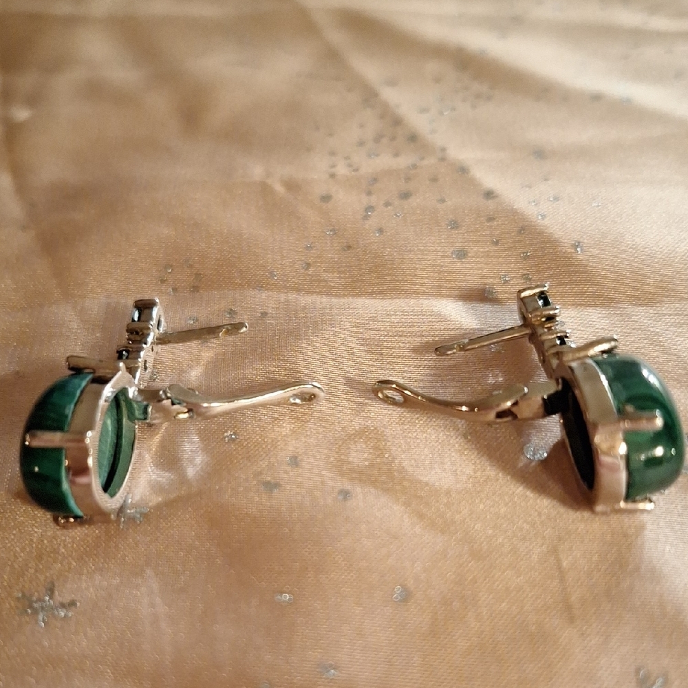 Genuine Malachite, Chrome Diopside, White Sapphire and Sterling Silver Earrings - Picture 2 of 4